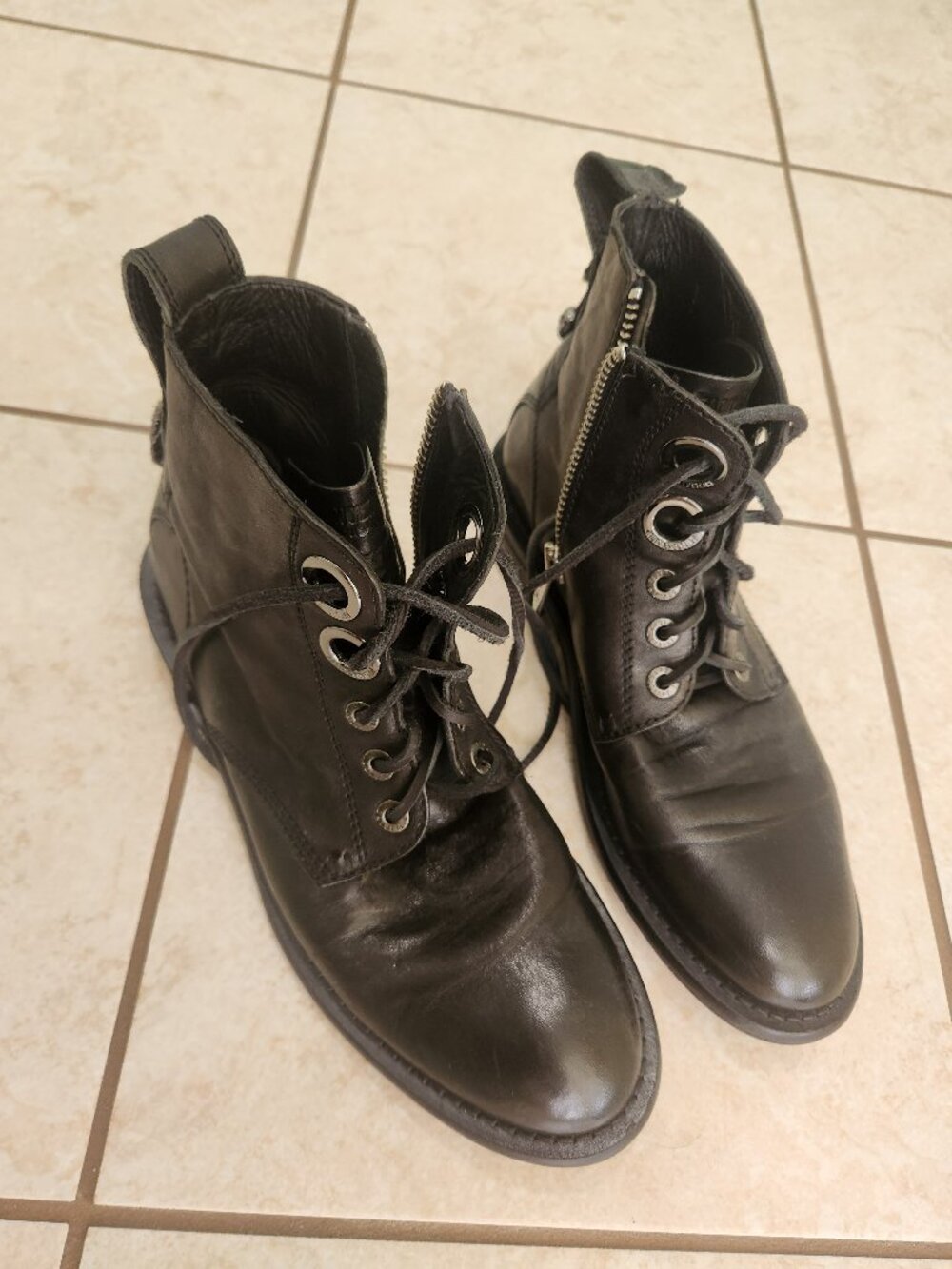 Zadig & Voltaire Laureen Roma Boots Black Leather Lace-Up Skull Women Size 10